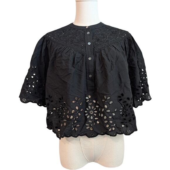Madewell Tops - NWT Madewell Embroidered Shirred Henley Top XS Black